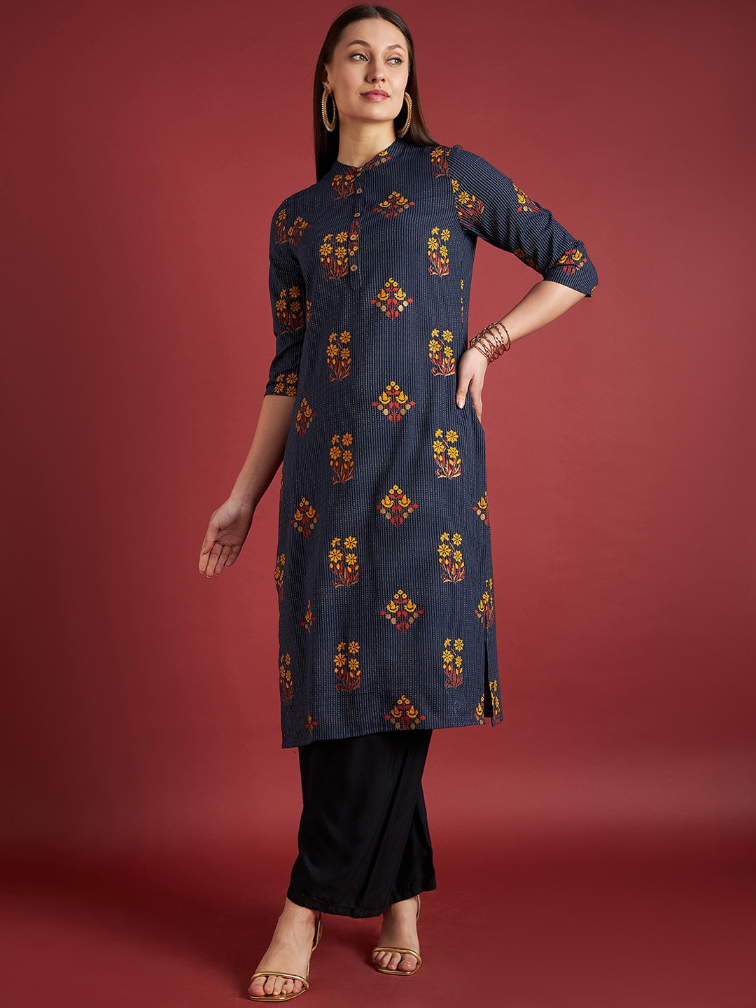 all about you Blue Ethnic Motifs Printed Band Collar Cotton Straight Kurta