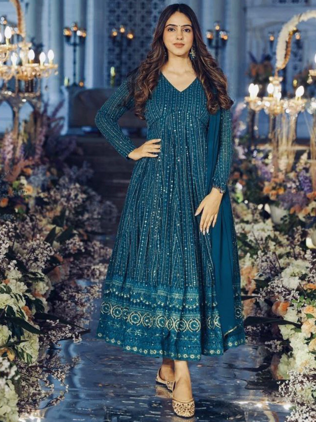 

AWRIYA Embroidered Flared Ethnic Dresses, Teal