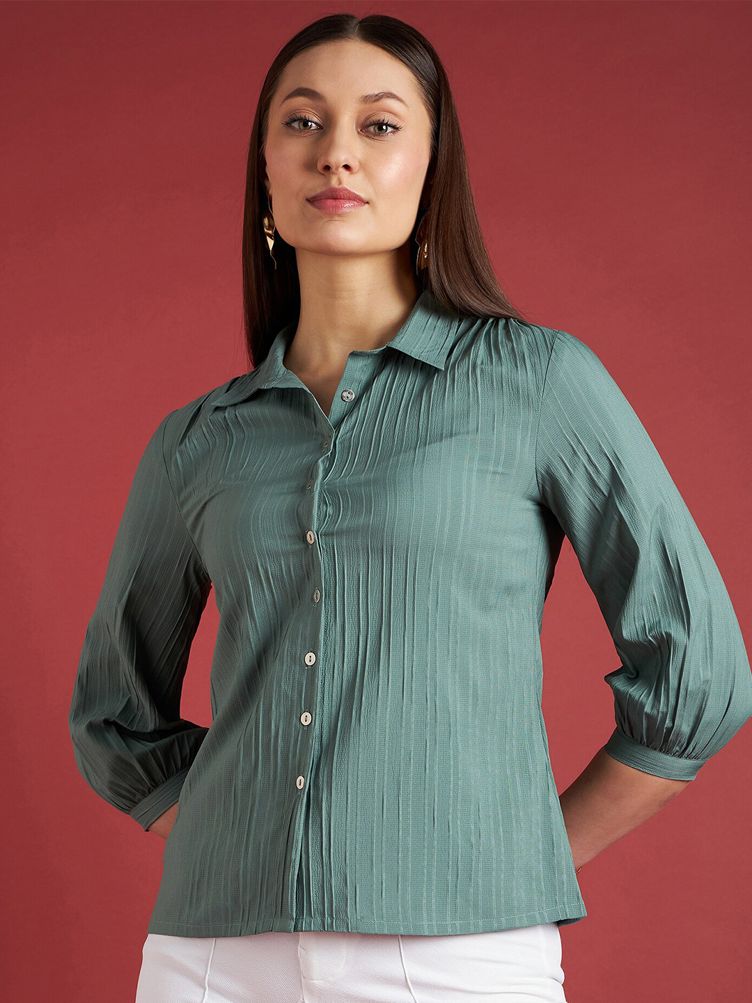 

all about you Green Vertical Striped Shirt Collar Cuffed Sleeves Shirt Style Top