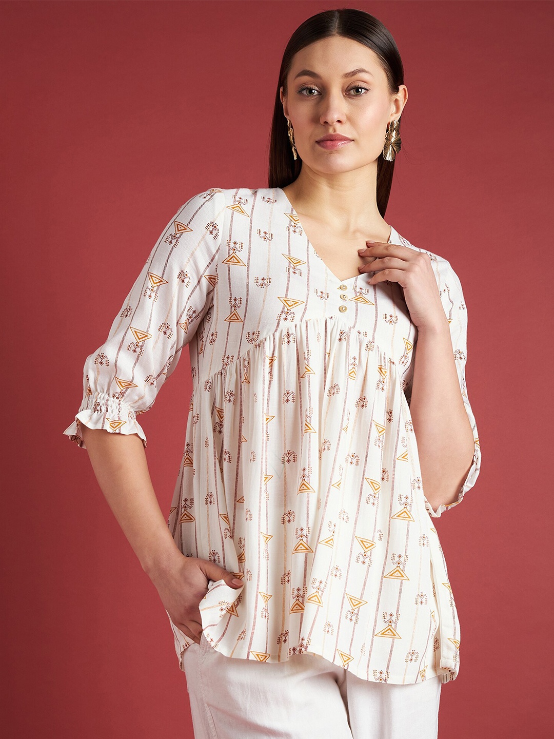 

all about you Ethnic Motifs Printed V-Neck Puff Sleeves Gathered Detailed Empire Top, White