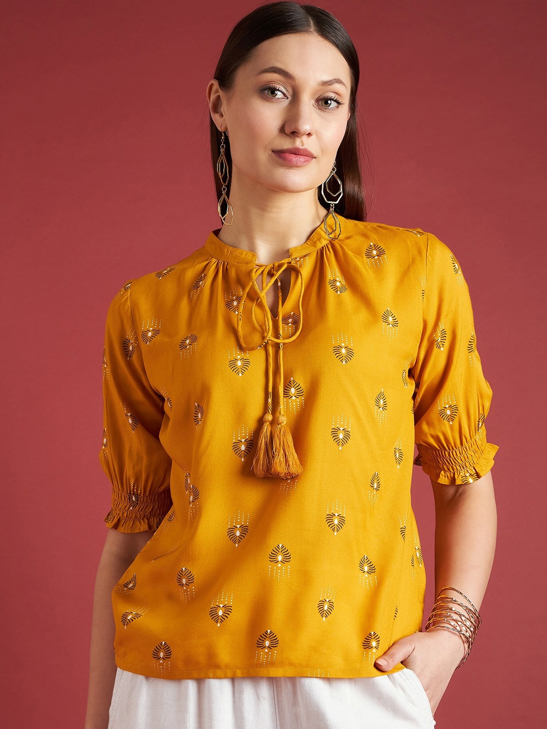 

all about you Floral Printed Tie-Up Neck Top, Mustard