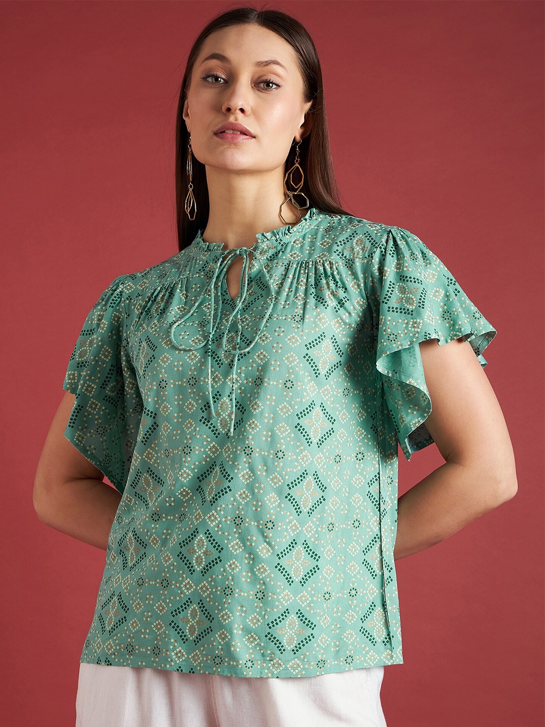 

all about you Ethnic Motifs Printed Flared Sleeves Tie-Up Neck Top, Green