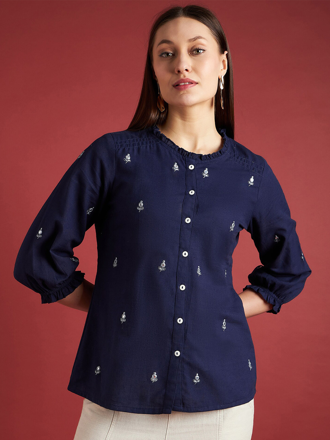 

all about you Floral Embroidered Puff Sleeve Cotton Top, Blue