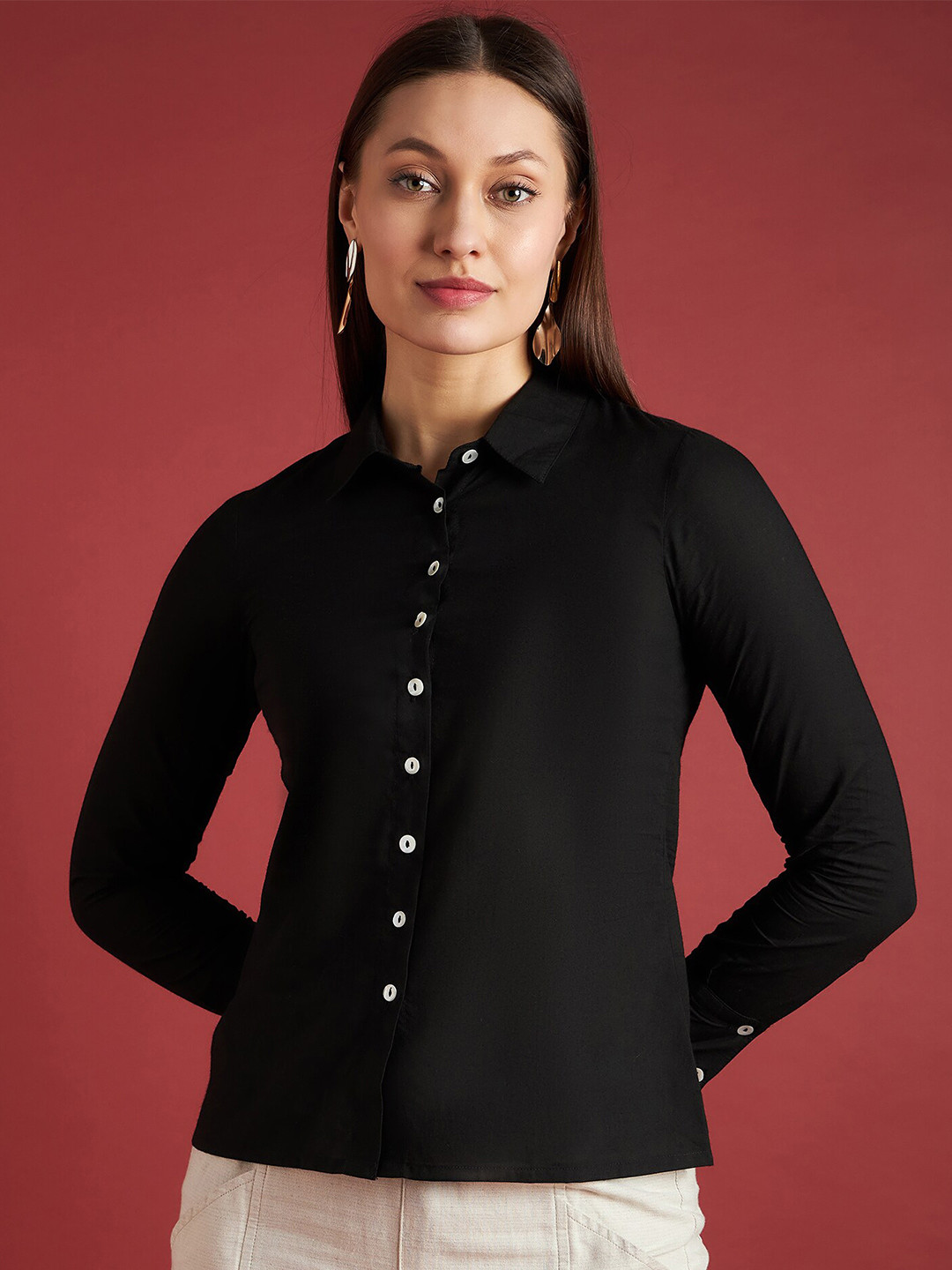 

all about you Cuffed Sleeves Shirt Style Top, Black