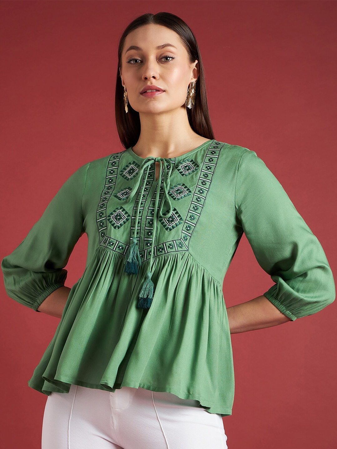 

all about you Embroidered Puff Sleeves Tie-Up Neck Top, Green