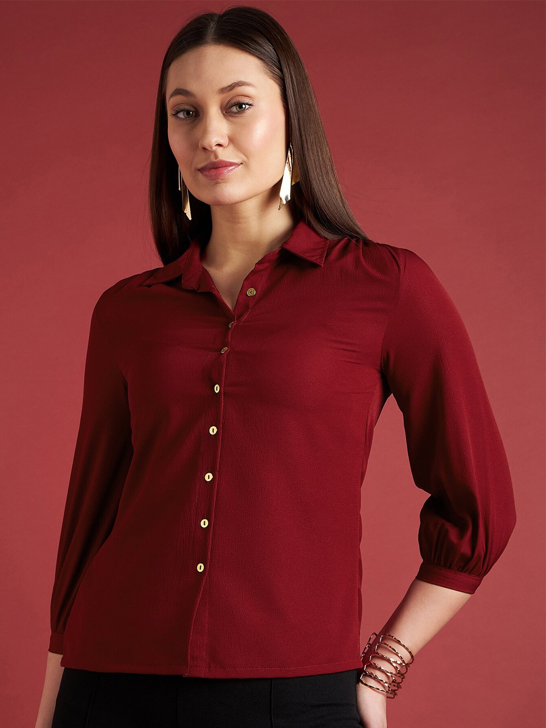 

all about you Cuffed Sleeves Shirt Style Top, Maroon