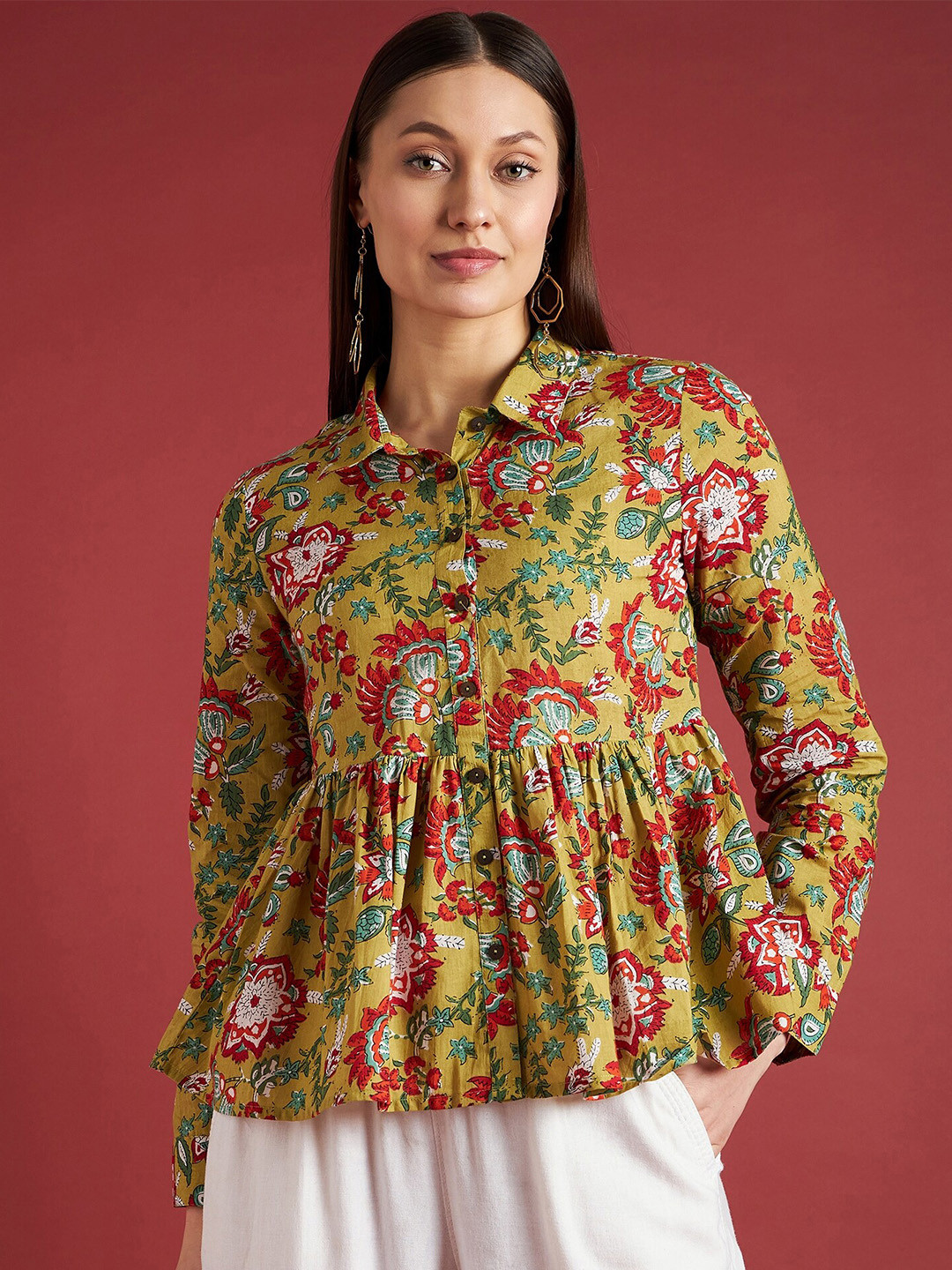 

all about you Floral Print Shirt Collar Bell Sleeve Cotton Top, Yellow