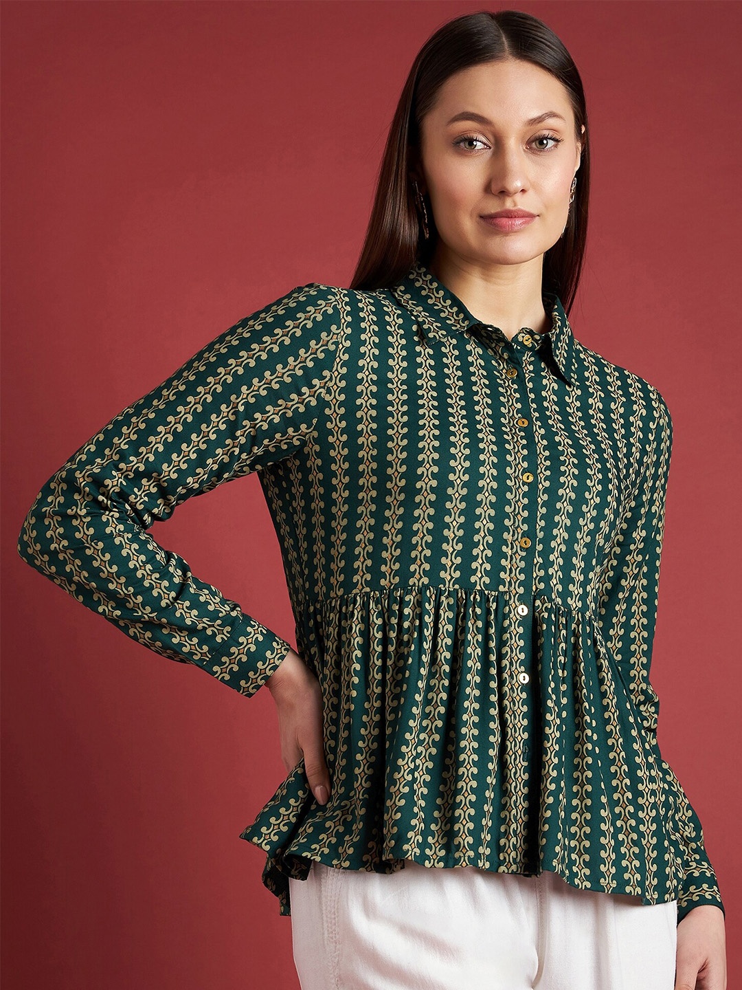 

all about you Ethnic Motif Printed Cotton Peplum Top, Green