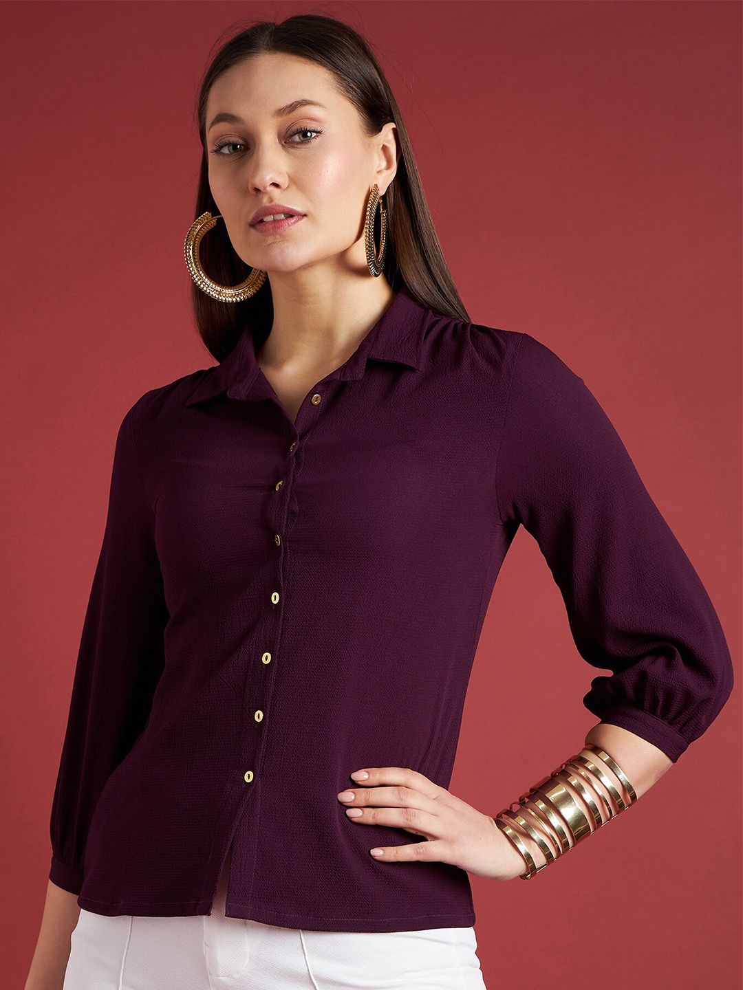 

all about you Cuffed Sleeves Shirt Style Top, Maroon