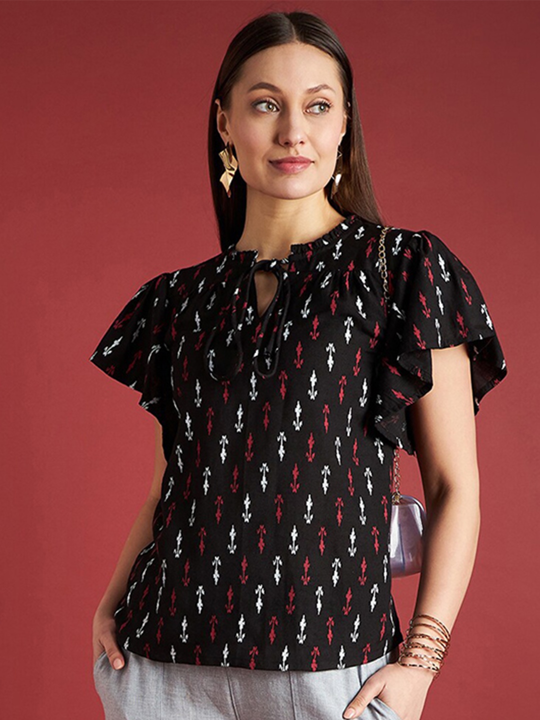 

all about you Ethnic Motif Printed Flared Sleeves Top, Black