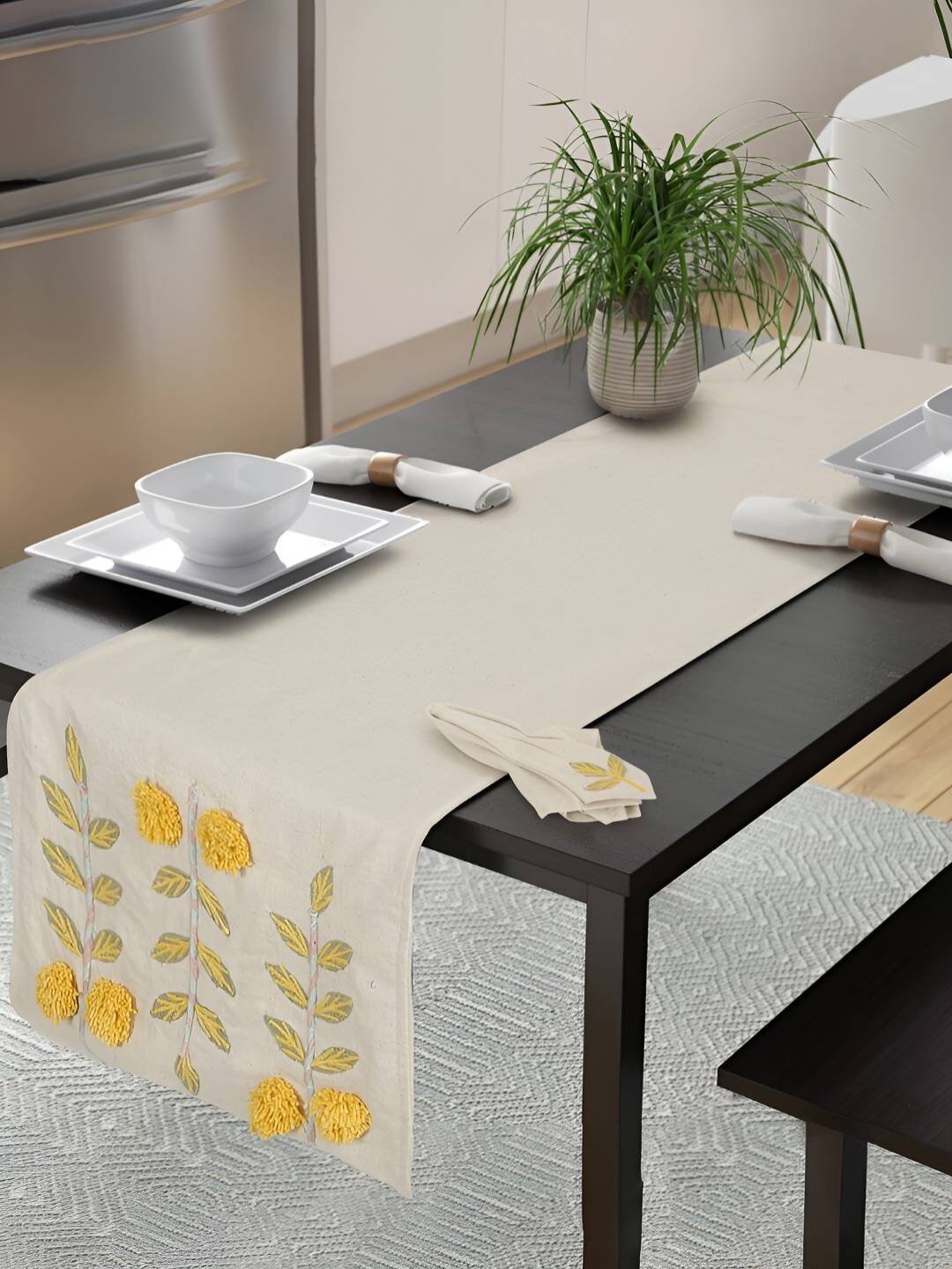 

eyda Off White & Yellow Floral Embroidered Cotton Table Runner