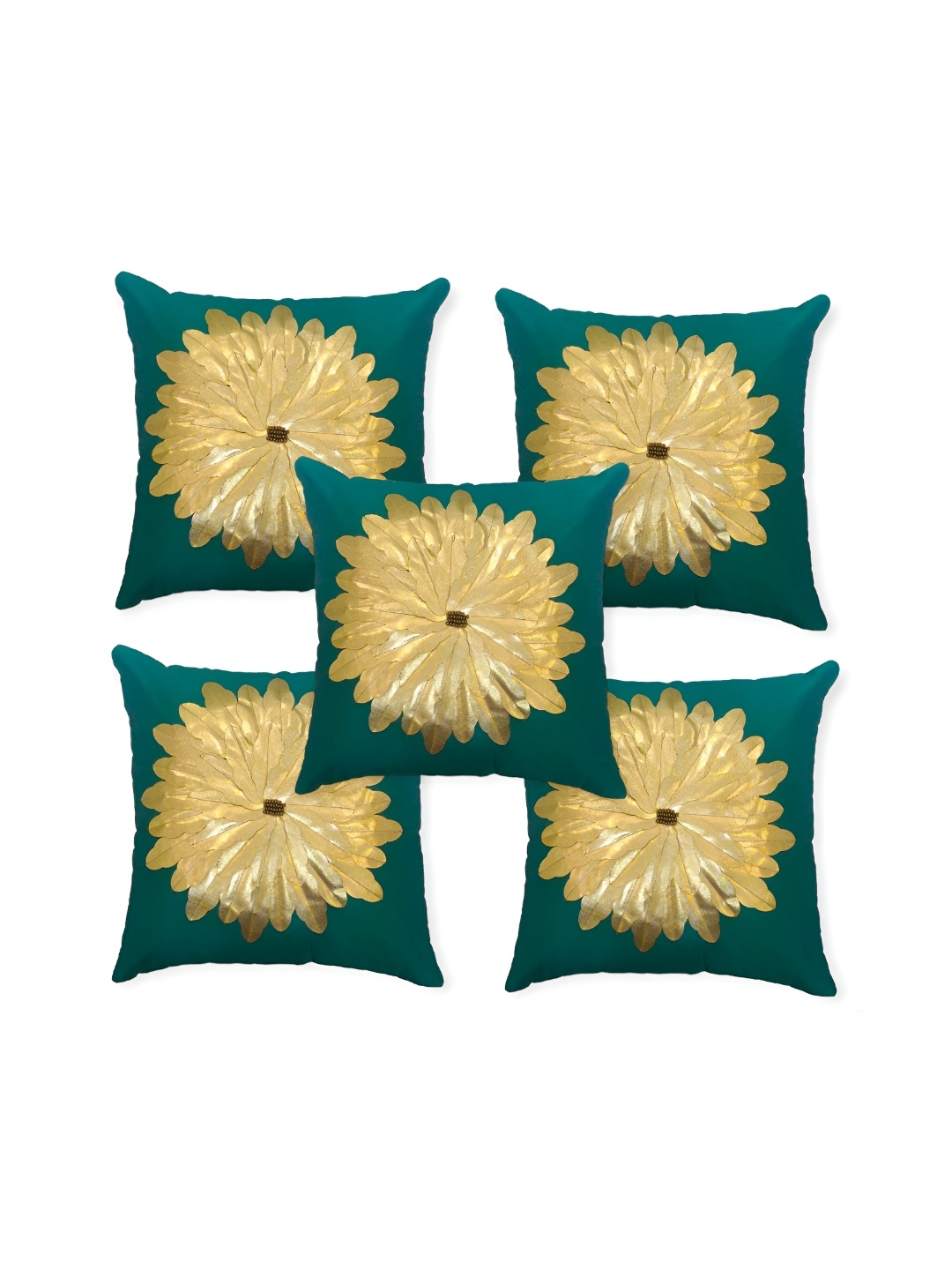 

TANLOOMS Green & Gold-Toned 5 Pieces Floral Square Cushion Covers
