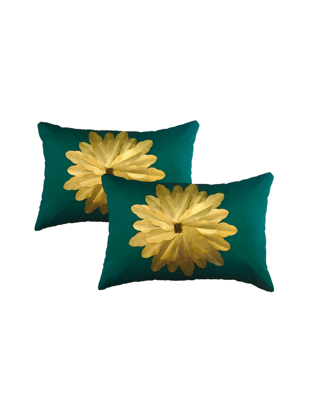 

TANLOOMS Green & Gold-Toned 2 Pieces Floral Rectangle Cushion Covers