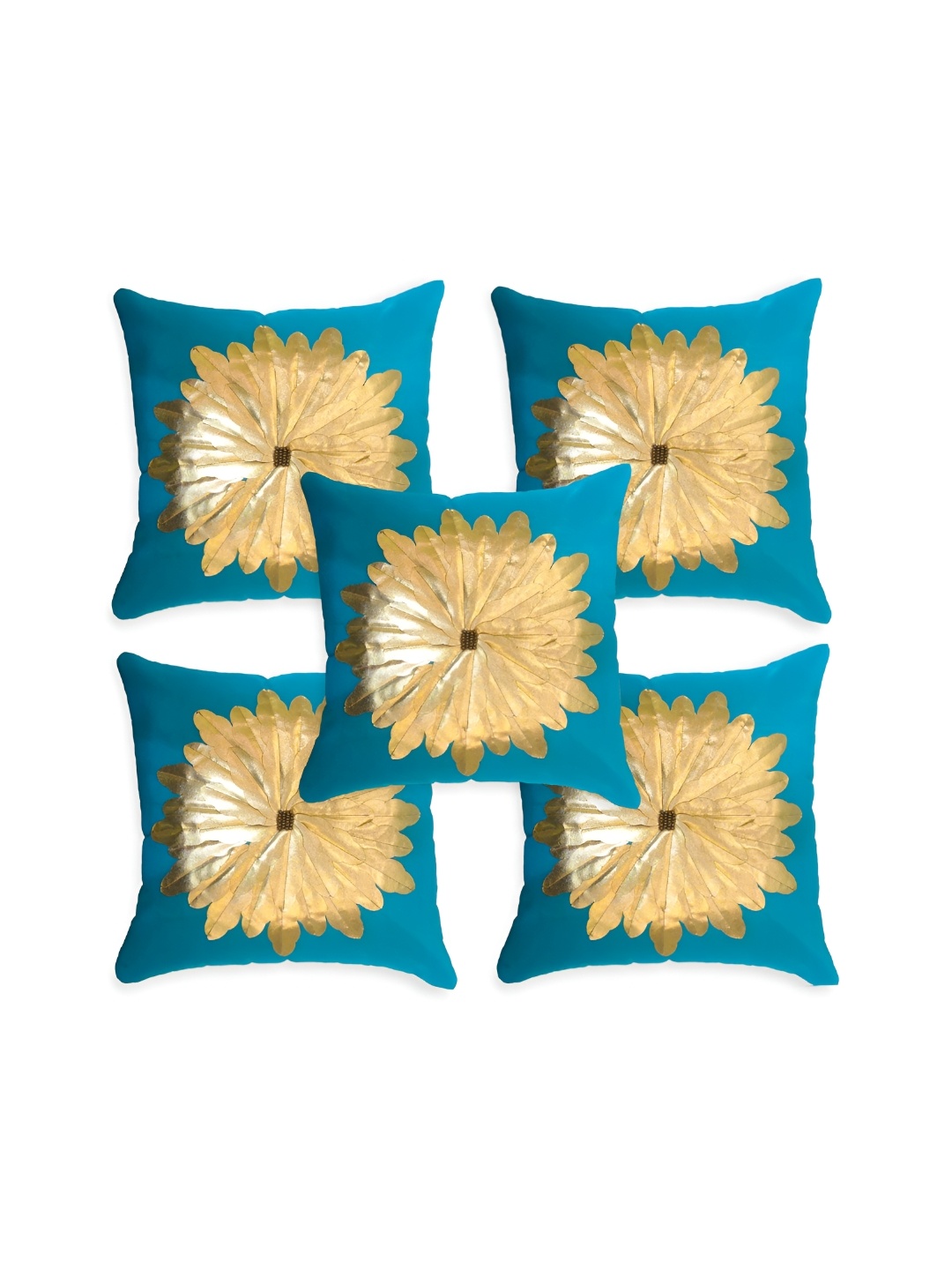 

TANLOOMS Teal & Yellow 5 Pieces Floral Square Cushion Covers