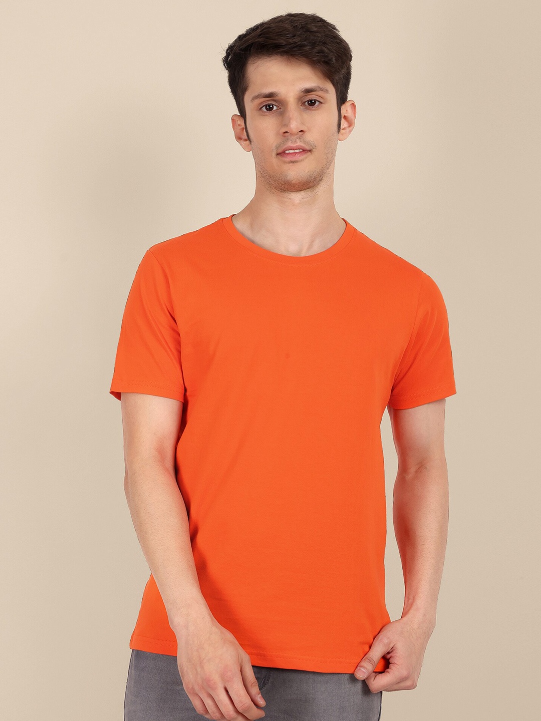 

TOMHIDDLE Round Neck Short Sleeves Bio-Washed Cotton Regular T-shirt, Orange