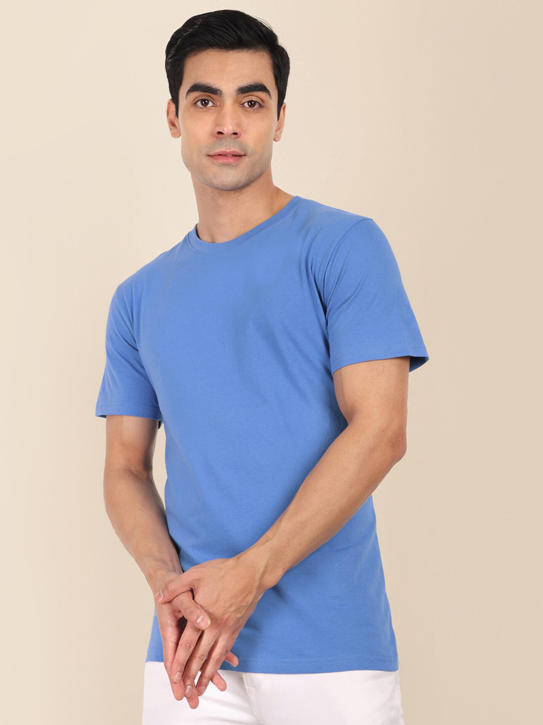 

TOMHIDDLE Round Neck Short Sleeves Bio-Washed Cotton Regular T-shirt, Blue