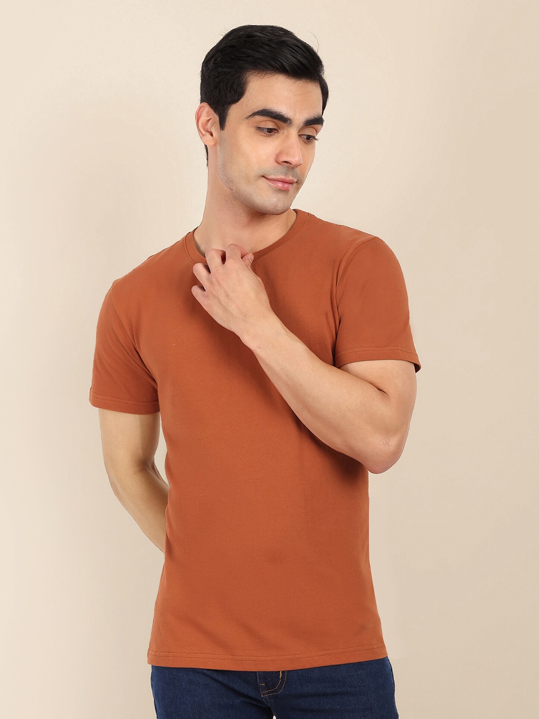 

TOMHIDDLE Round Neck Cotton Short Sleeves T-shirt, Rust