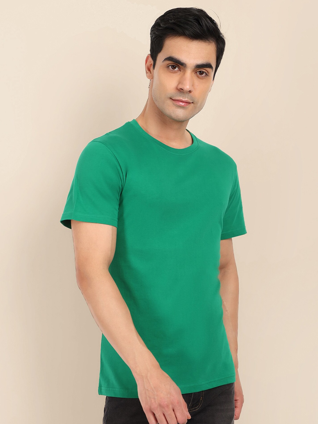 

TOMHIDDLE Round Neck Short Sleeves Bio-Washed Cotton Regular T-shirt, Green