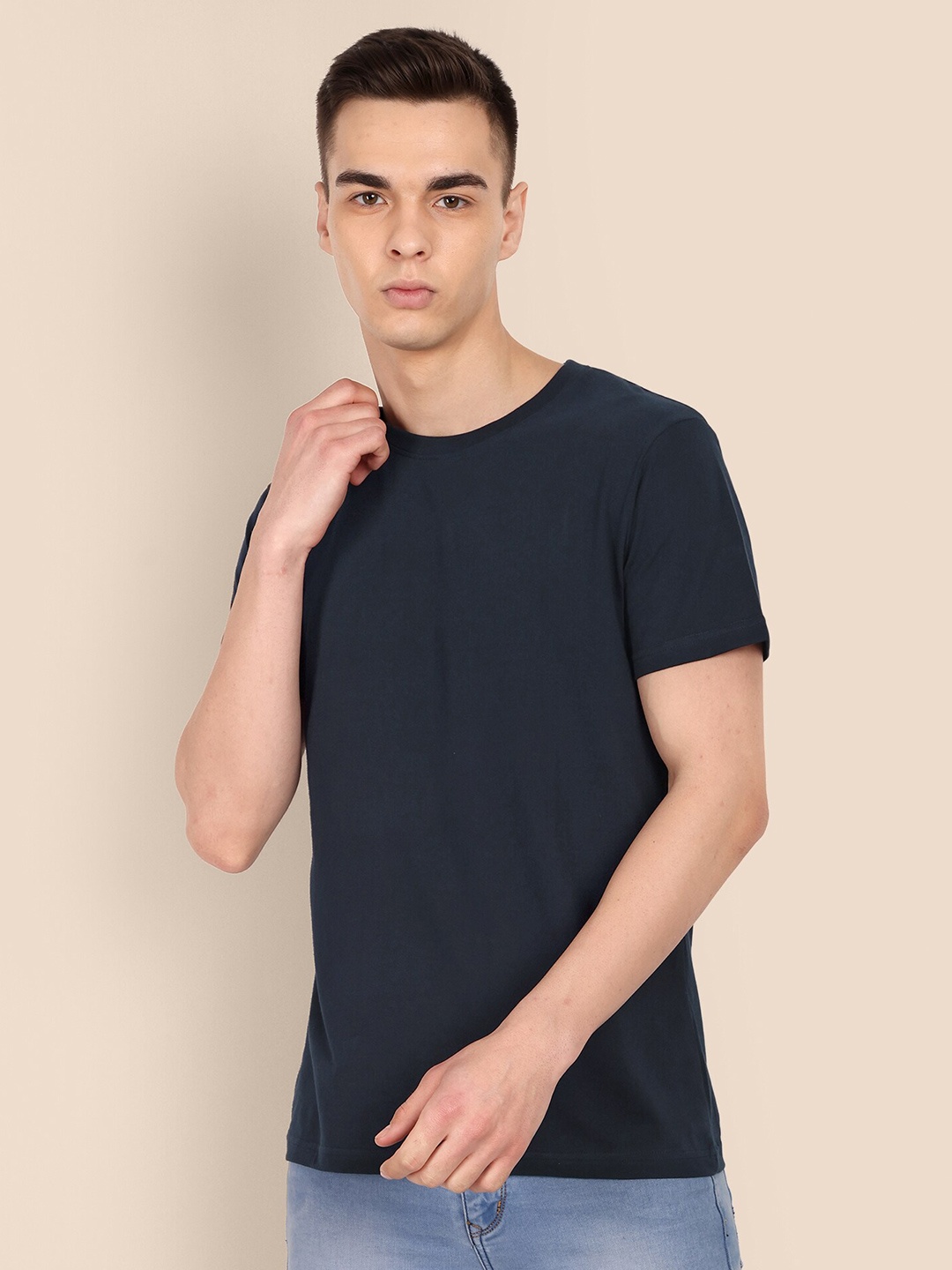 

TOMHIDDLE Round Neck Short Sleeves Bio-Washed Cotton Regular T-shirt, Navy blue