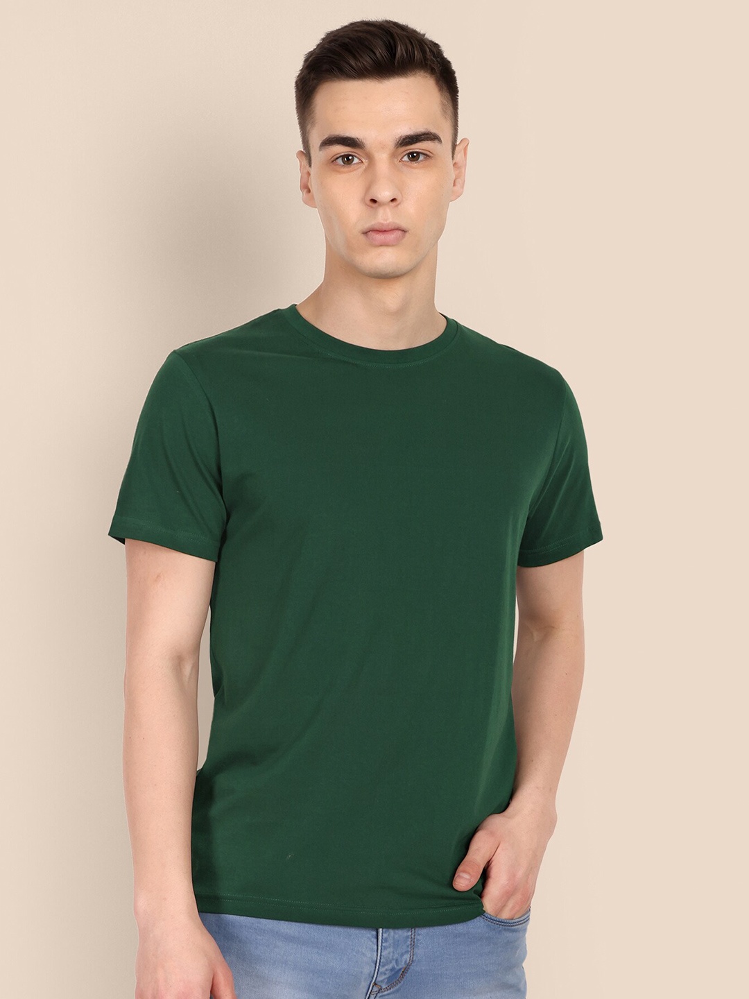 

TOMHIDDLE Round Neck Short Sleeves Bio-Washed Cotton Regular T-shirt, Green