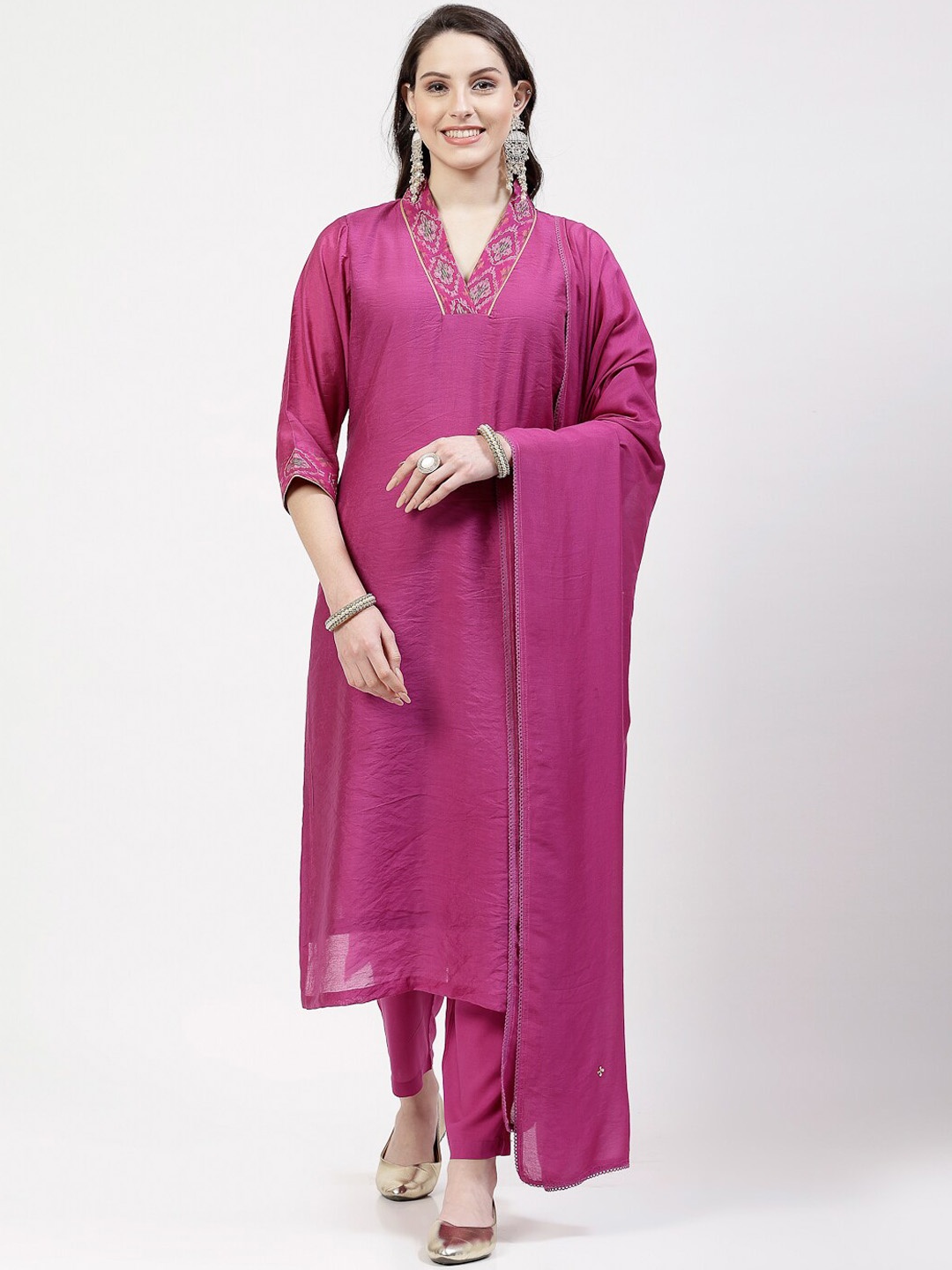 

DART STUDIO V-Neck Straight Kurta with Palazzos, Pink