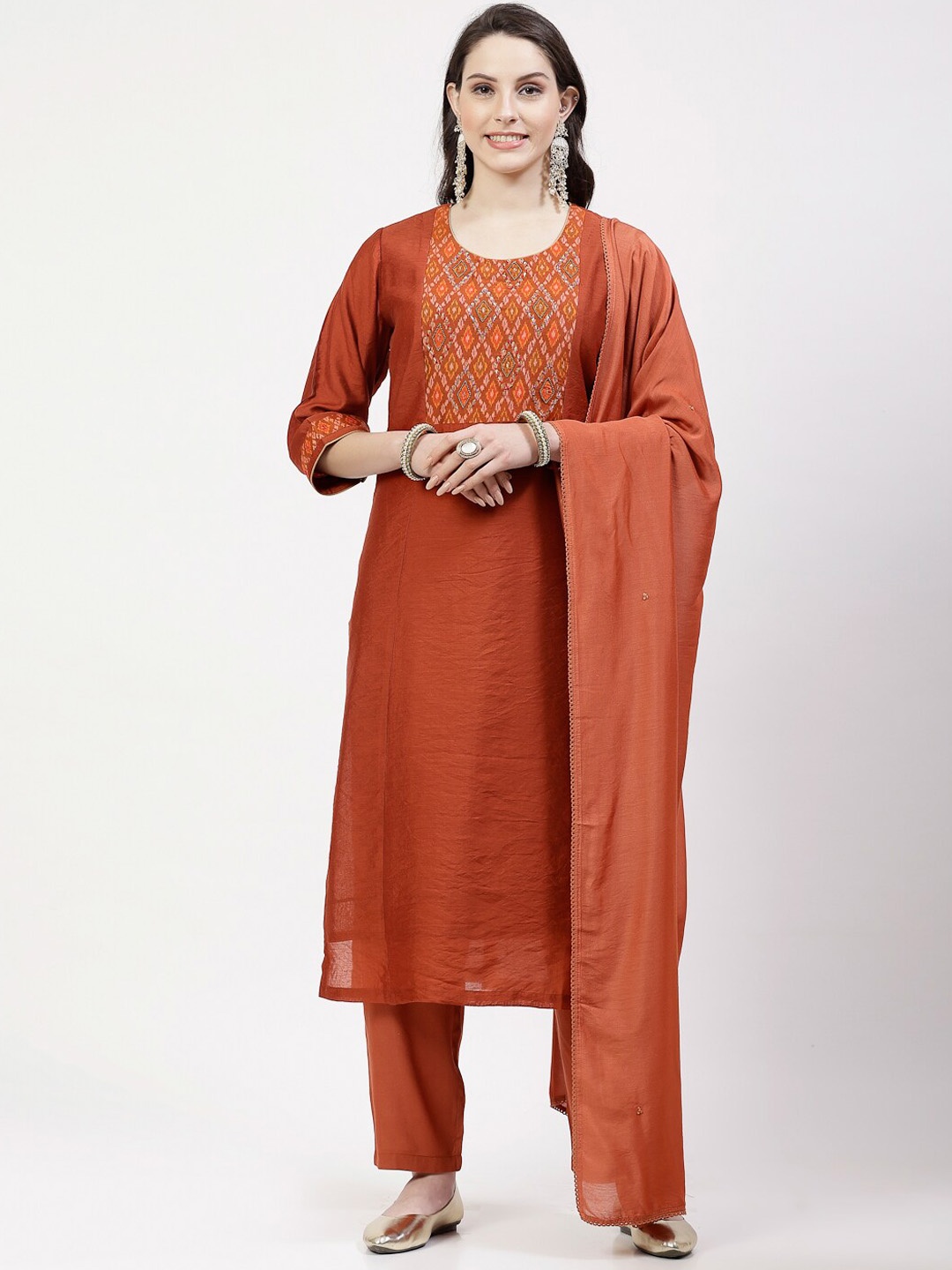 

DART STUDIO Ethnic Motifs Yoke Design Chanderi Silk Straight Kurta with Palazzos, Rust