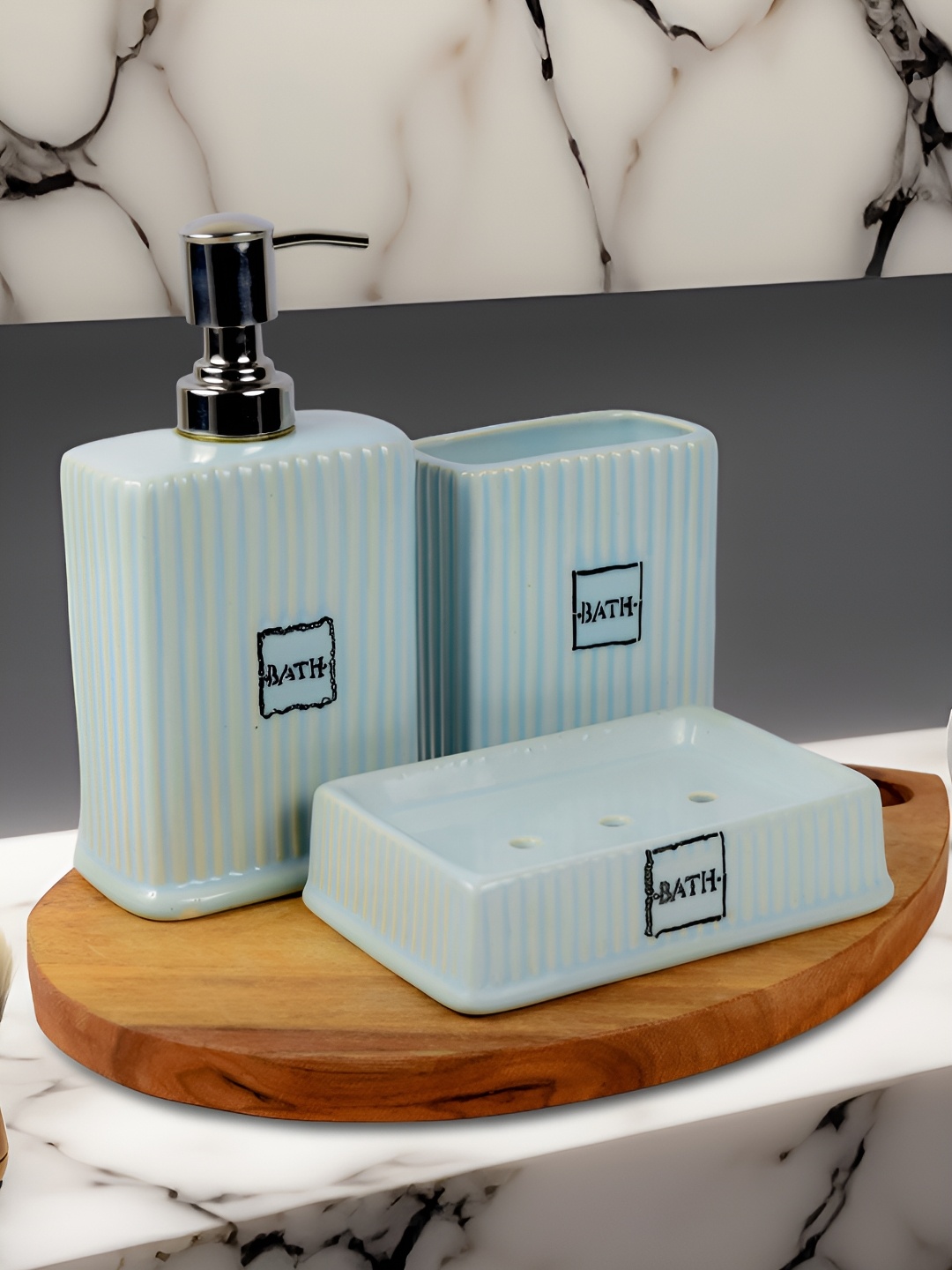 

Kaolinite Blue & Silver-Toned 3Pcs Striped Ceramic Classic Glossy Soap Dispensers