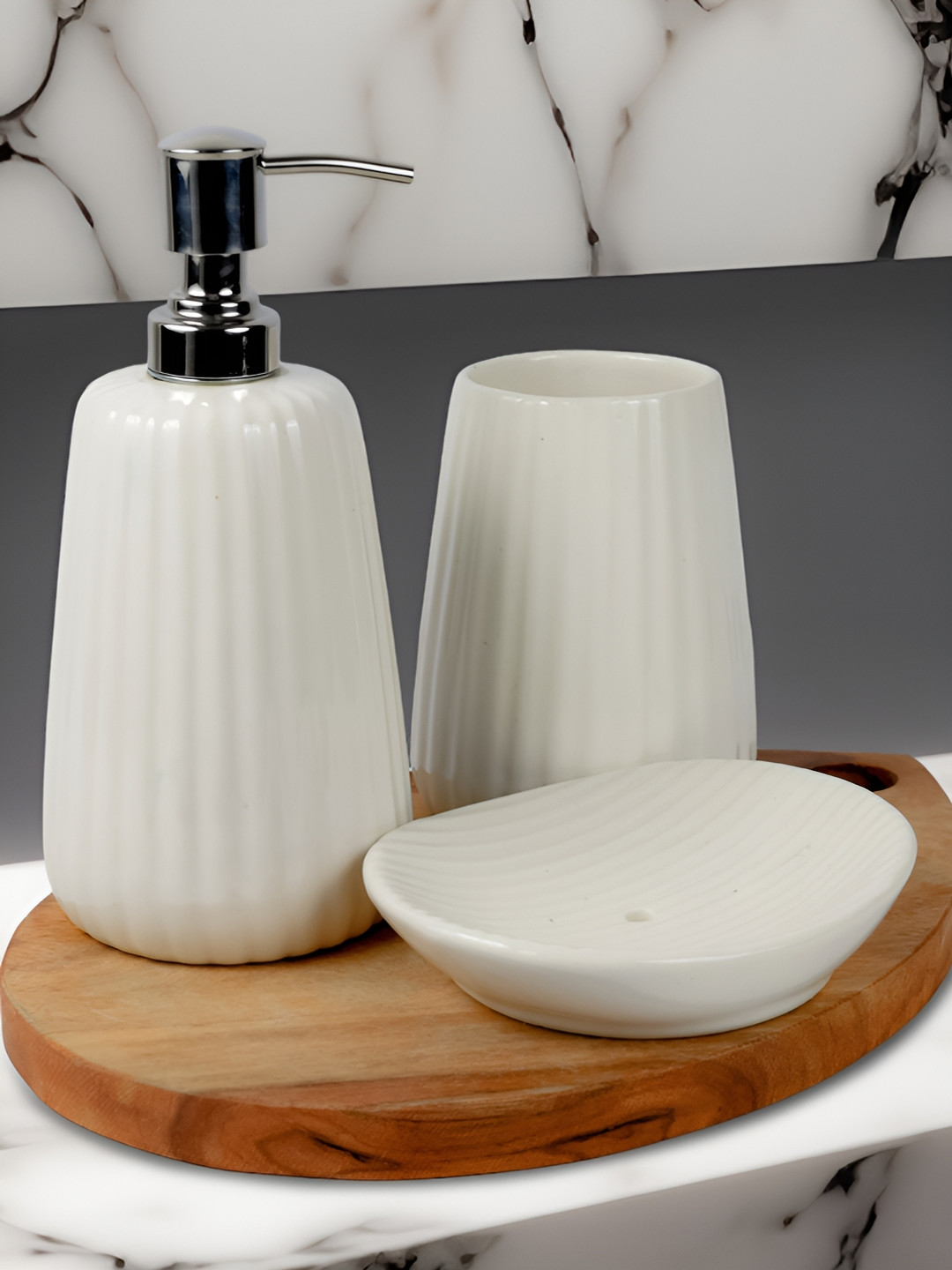 

Kaolinite White & Silver-Toned 3Pcs Striped Ceramic Classic Glossy Soap Dispensers