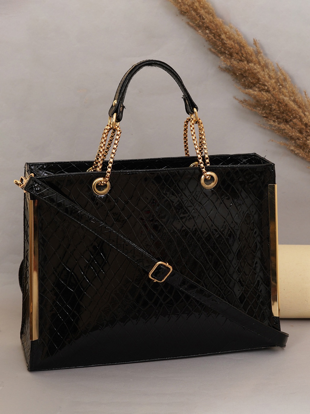 

FABBHUE Textured Structured Oversized Handheld Bag, Black