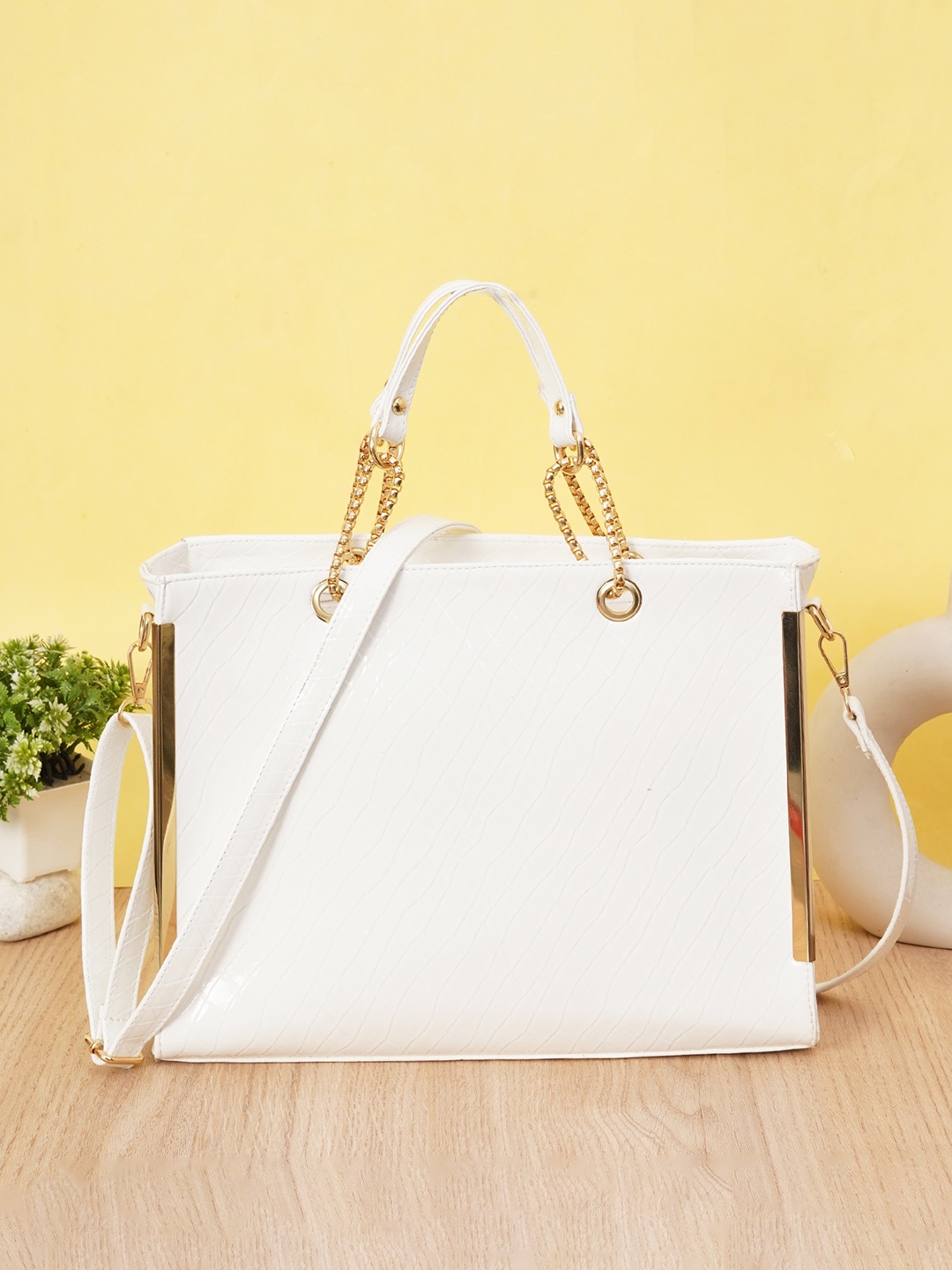 

FABBHUE Textured Structured Oversized Handheld Bag, White