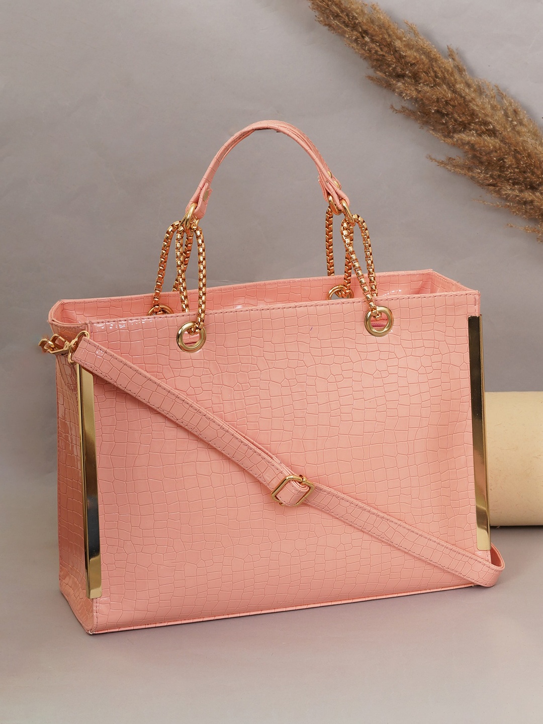 

FABBHUE Textured Structured Oversized Handheld Bag, Pink