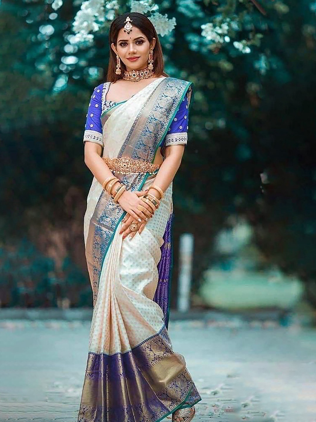 

Anjaneya Sarees Ethnic Motifs Woven Design Zari Banarasi Saree, Beige