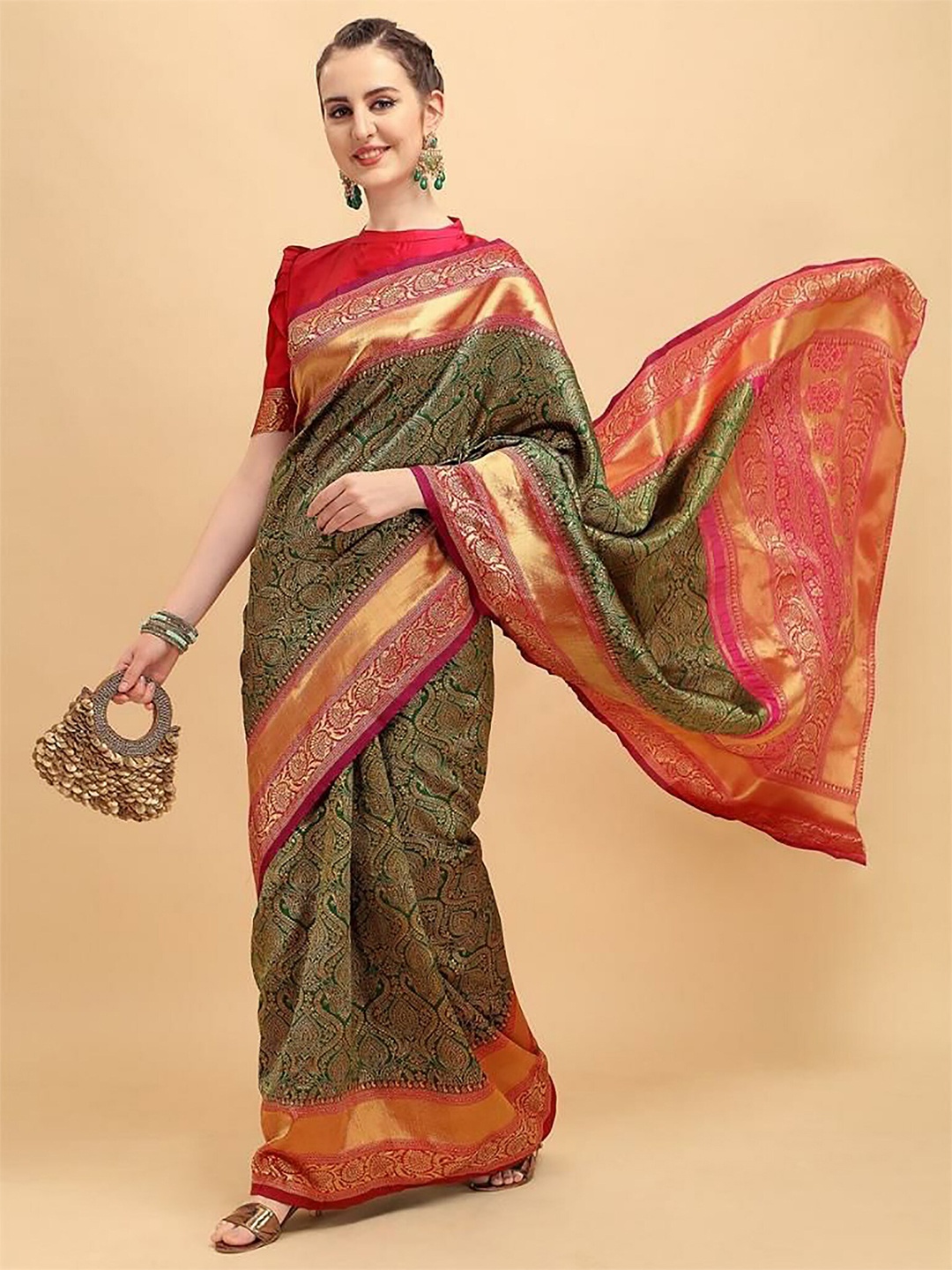 

Anjaneya Sarees Ethnic Motifs Woven Design Zari Banarasi Saree, Green