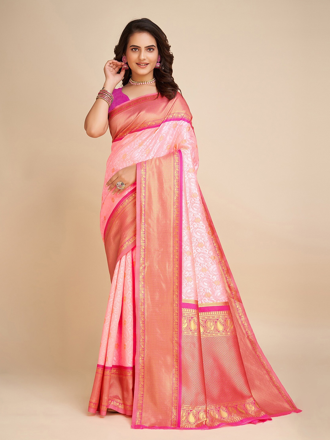 

Anjaneya Sarees Floral Woven Design Zari Banarasi Saree, Pink