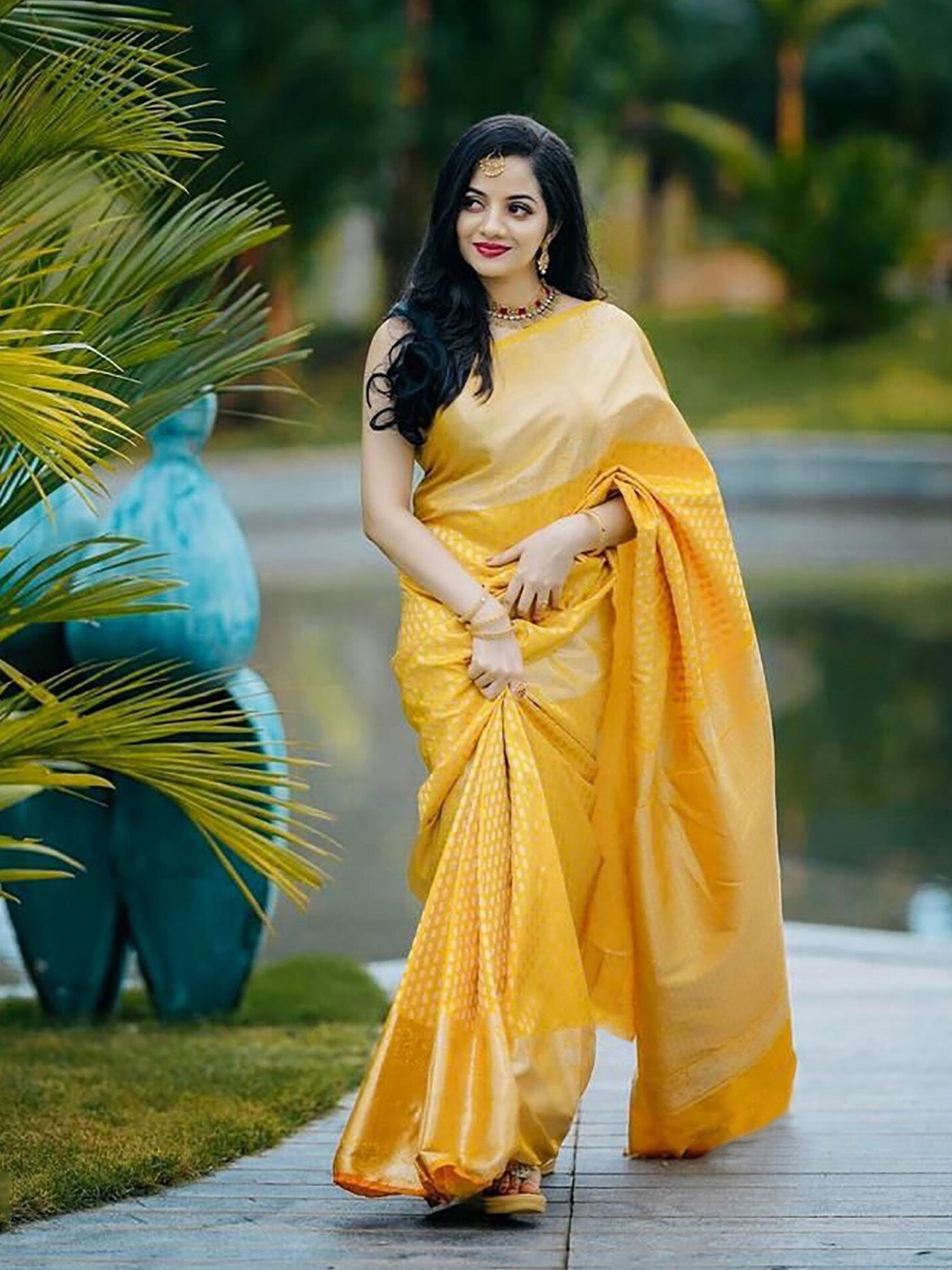 

Anjaneya Sarees Ethnic Motifs Woven Design Zari Banarasi Saree, Yellow