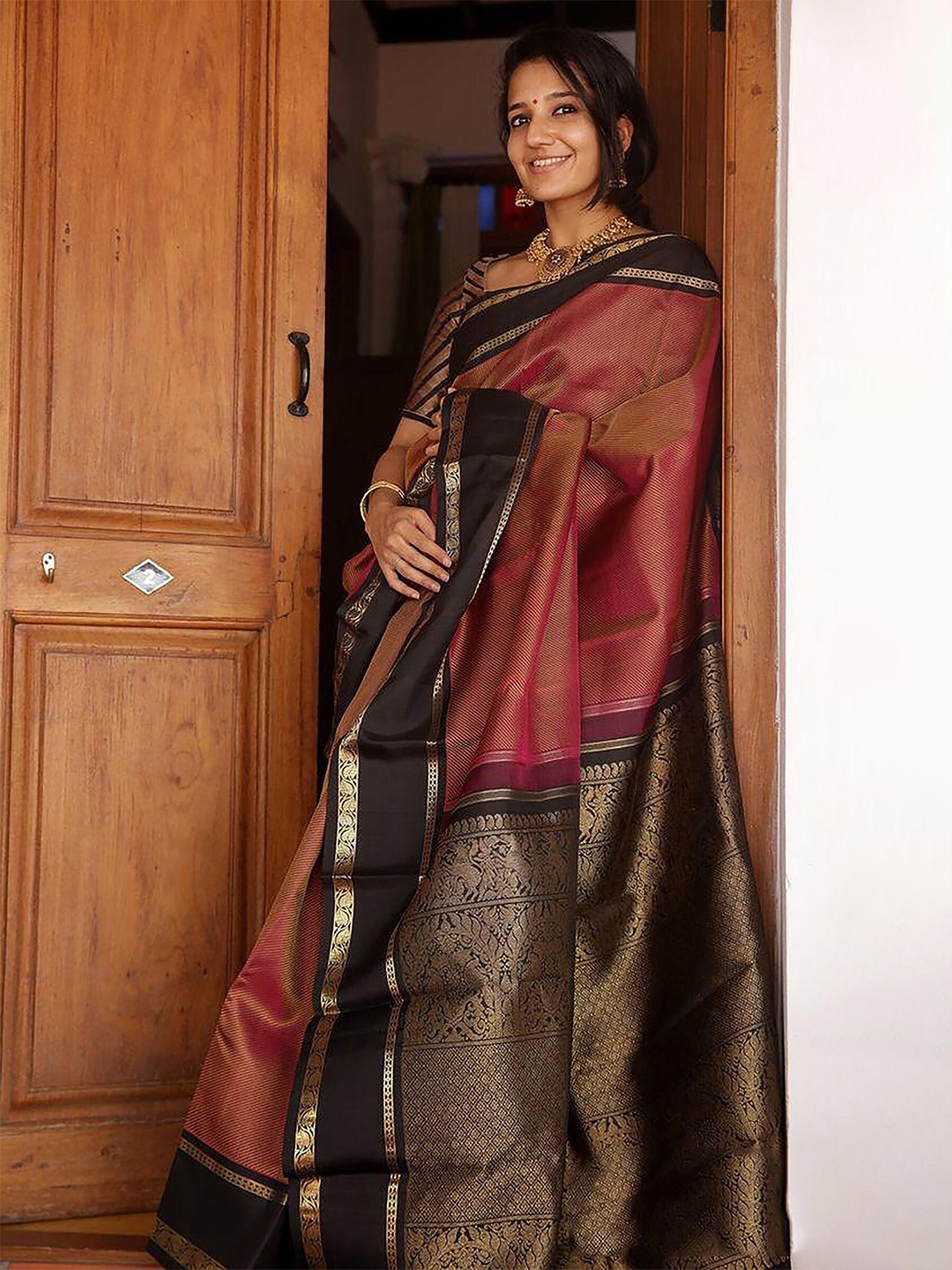 

Anjaneya Sarees Striped Woven Design Zari Banarasi Saree, Maroon