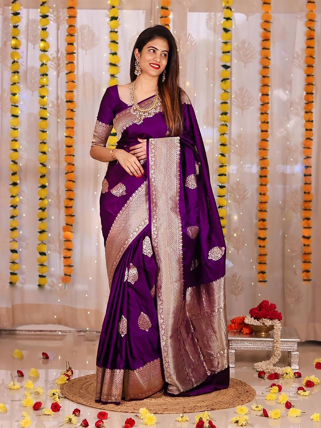 

Anjaneya Sarees Ethnic Motifs Woven Design Zari Banarasi Saree, Purple