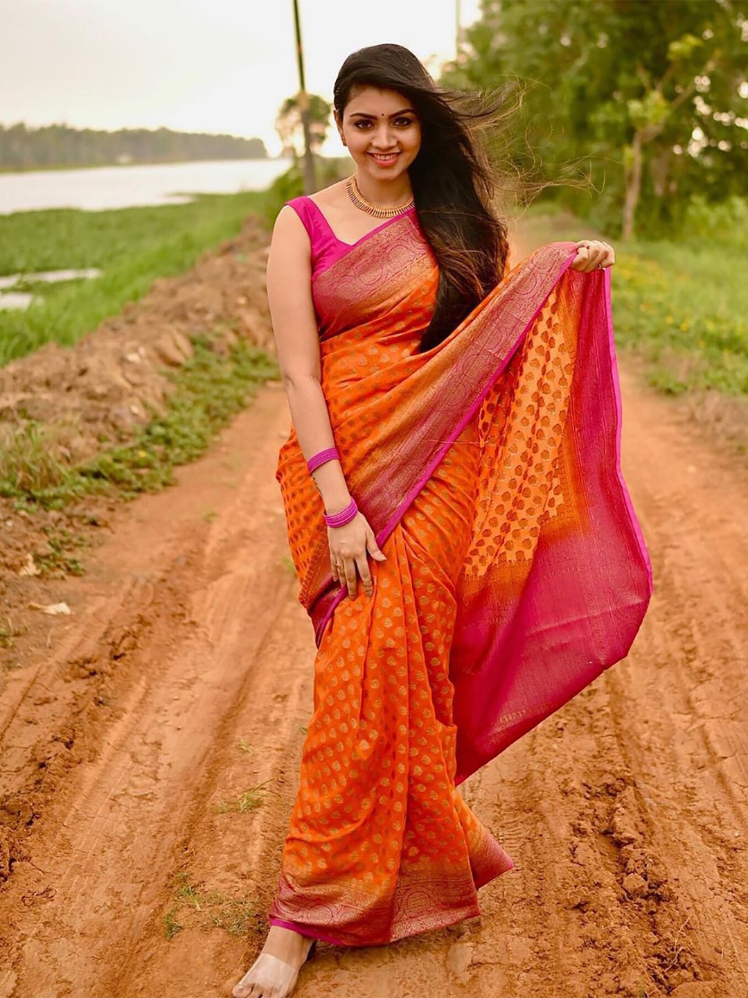 

Anjaneya Sarees Ethnic Motifs Woven Design Zari Banarasi Saree, Orange