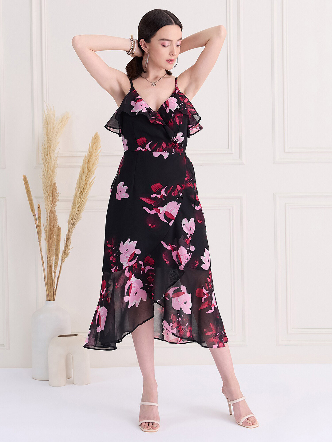 

MAGRE Flex Fit Floral Printed Georgette Wrap Midi Dress, Black