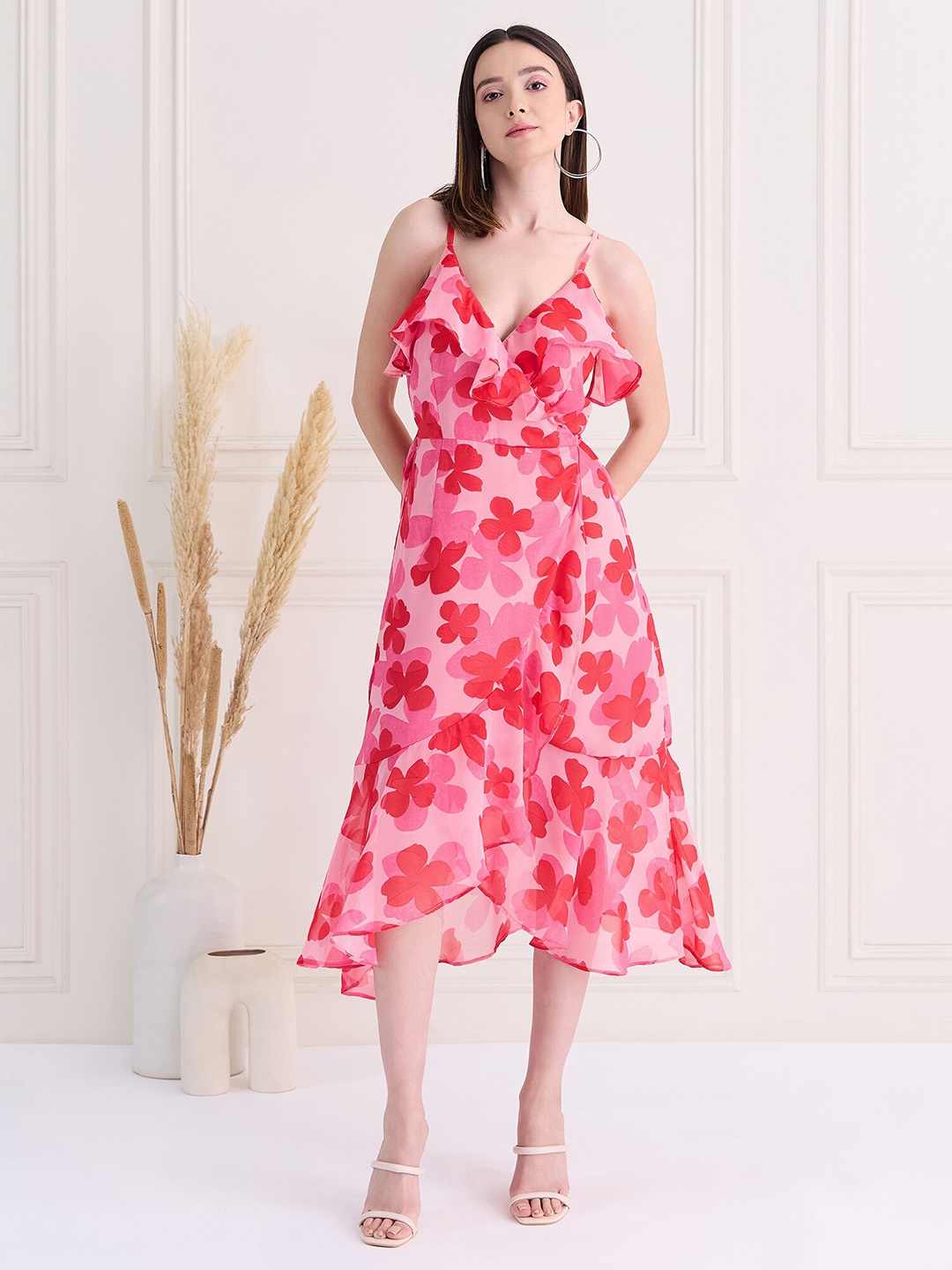 

MAGRE Flex Fit Floral Printed Georgette Wrap Midi Dress, Pink
