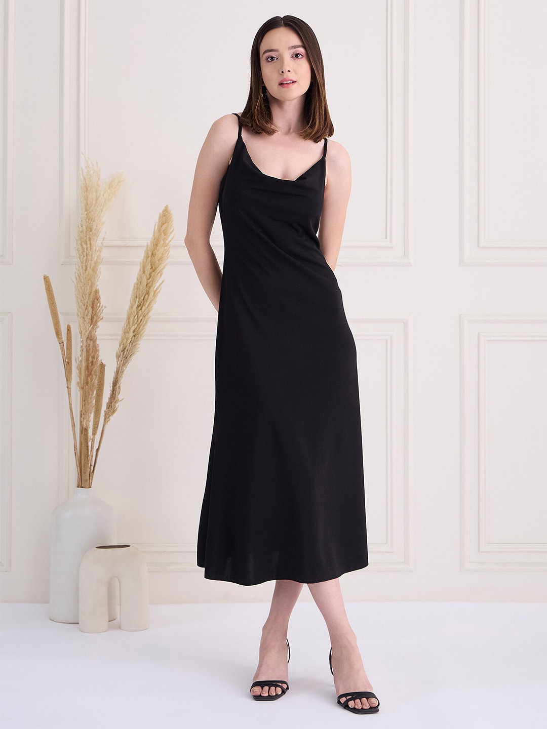 

MAGRE Flex Fit Solid Slip-on Cowl Neck Midi Dress, Black