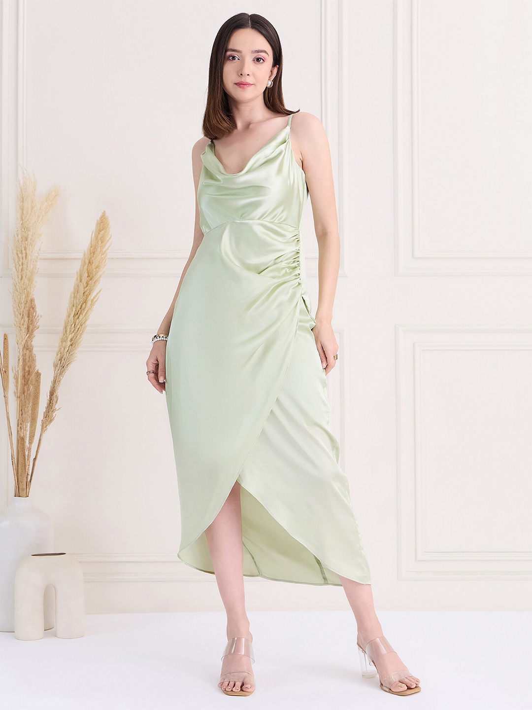 

MAGRE Cowl Neck Satin Sheath Midi Dress, Green