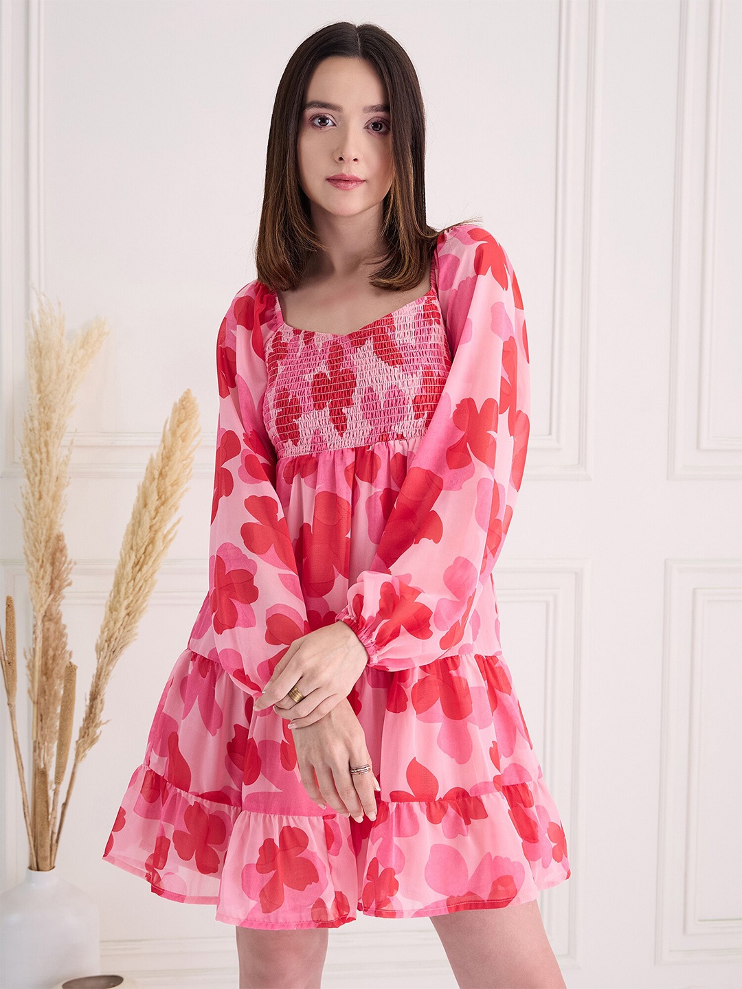 

MAGRE Flex Fit Floral Printed Smocked Puff Sleeve Georgette Fit & Flare Midi Dress, Pink
