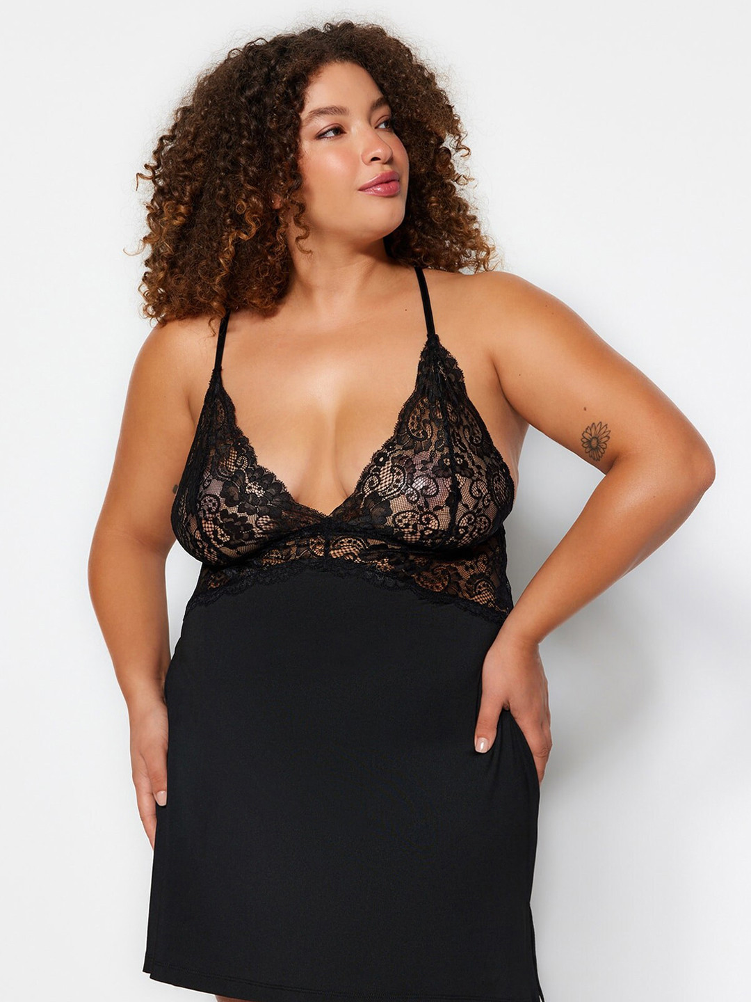 

Trendyol Plus Size Shoulder Straps Self Design Baby Doll, Black