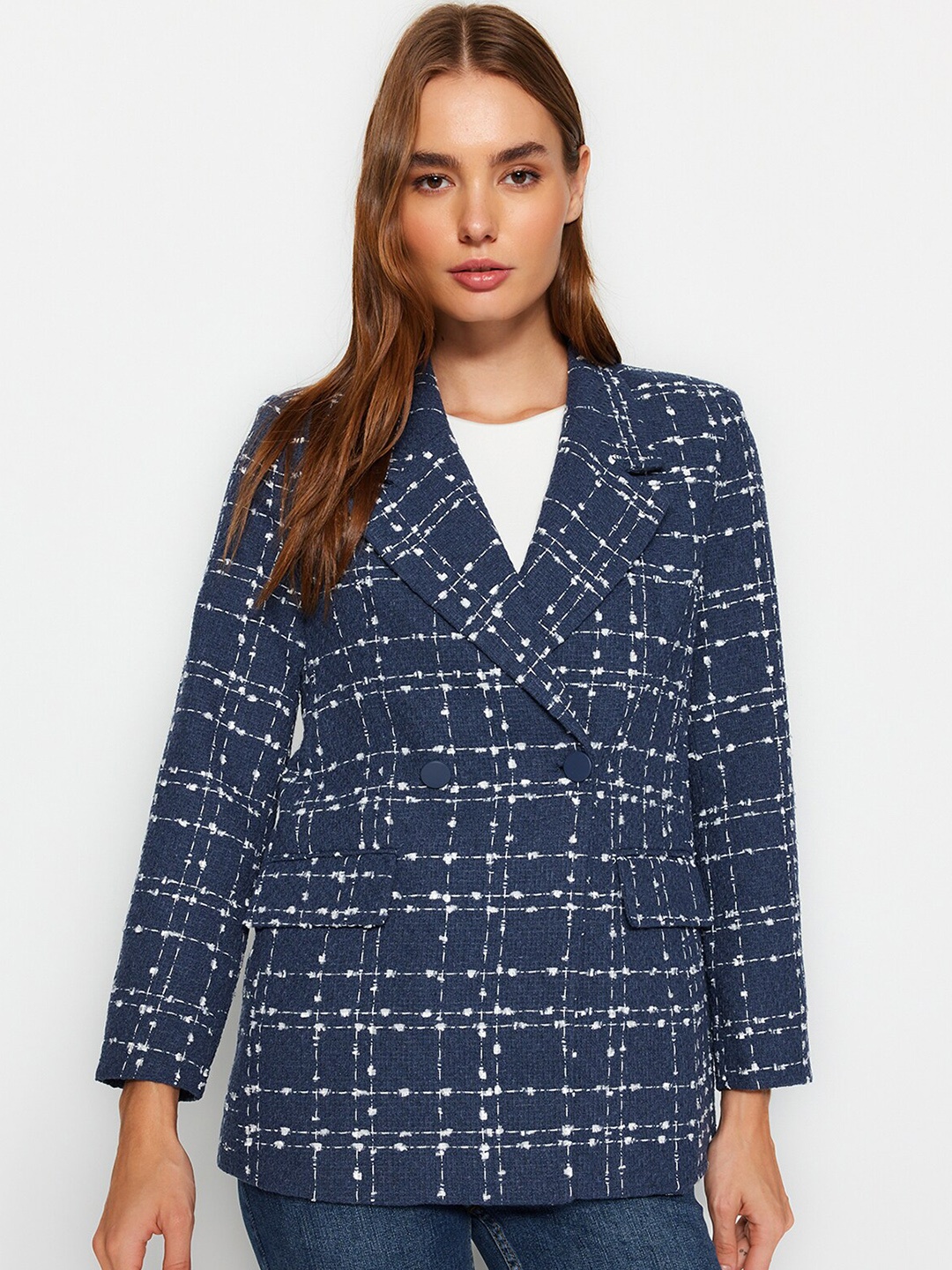 

Trendyol Checked Notched Lapel Double-breasted Casual Blazer, Navy blue