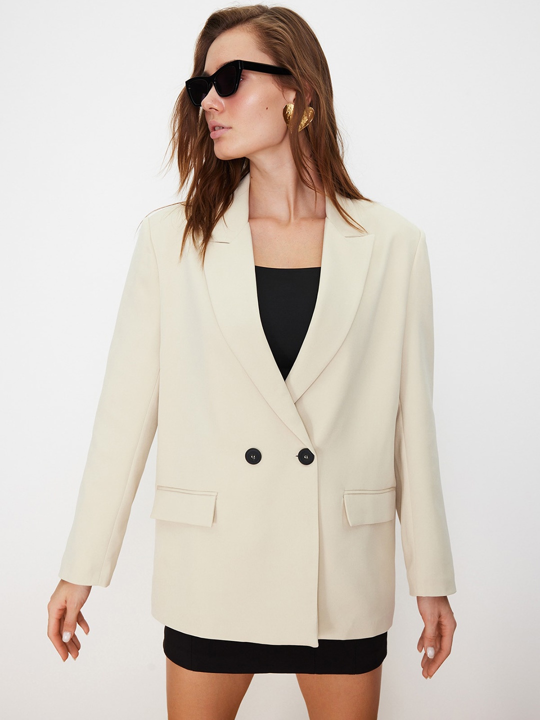 

Trendyol Notched Lapel Double-Breasted Blazer, Beige