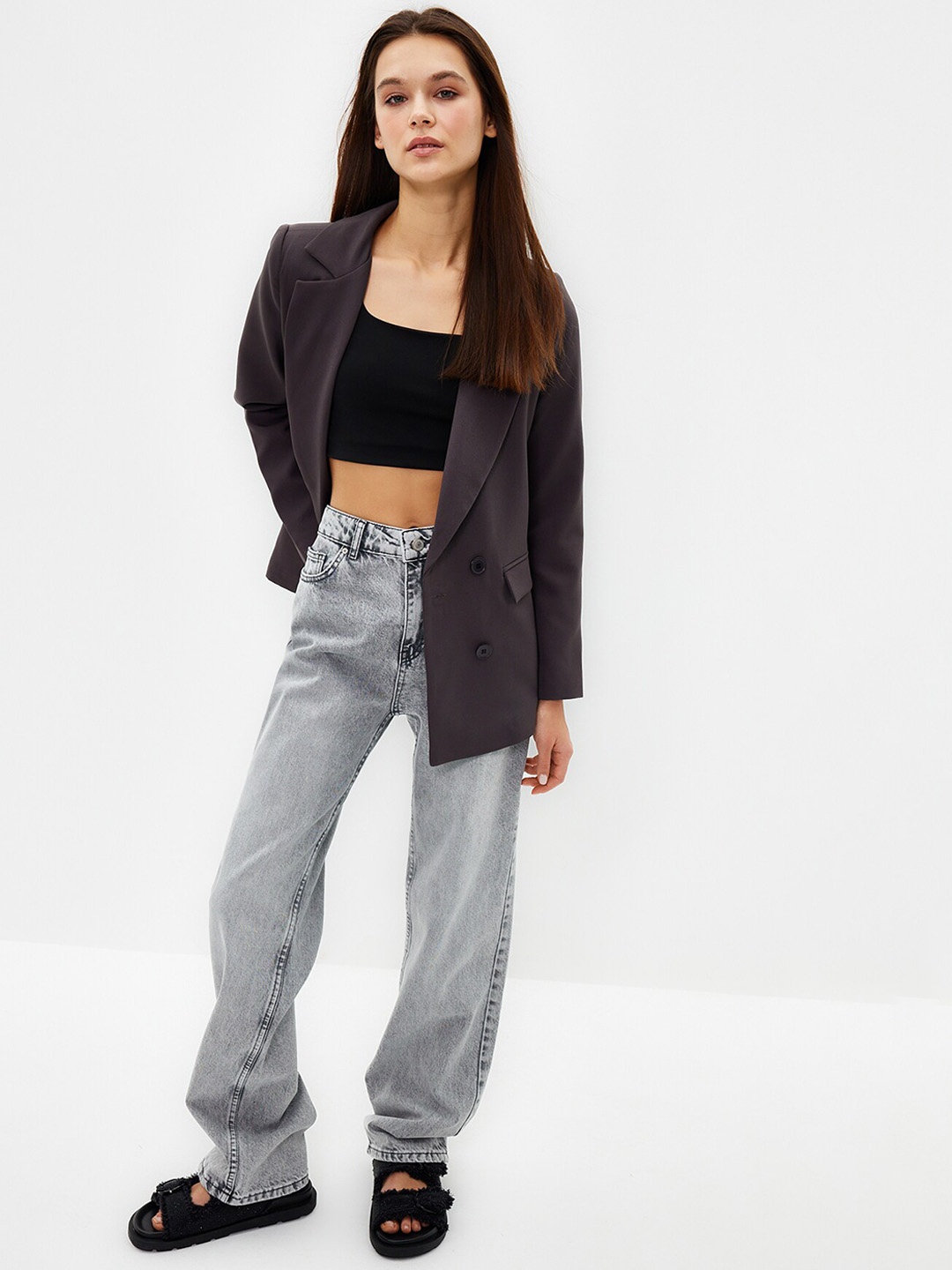 

Trendyol Notched Lapel Double Breasted Blazer, Purple