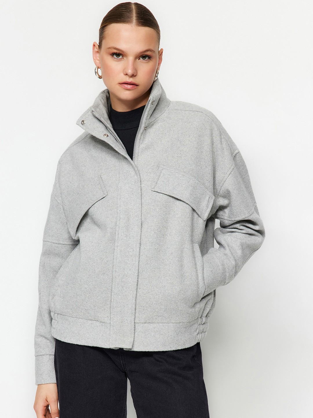 

Trendyol Mock Collar Bomber Jacket, Grey