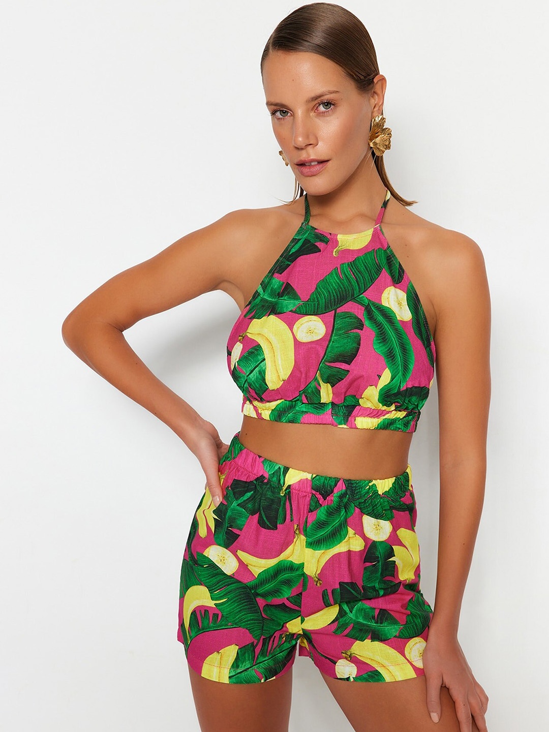 

Trendyol Abstract Printed Pure Cotton Top & Short Co-Ords, Green