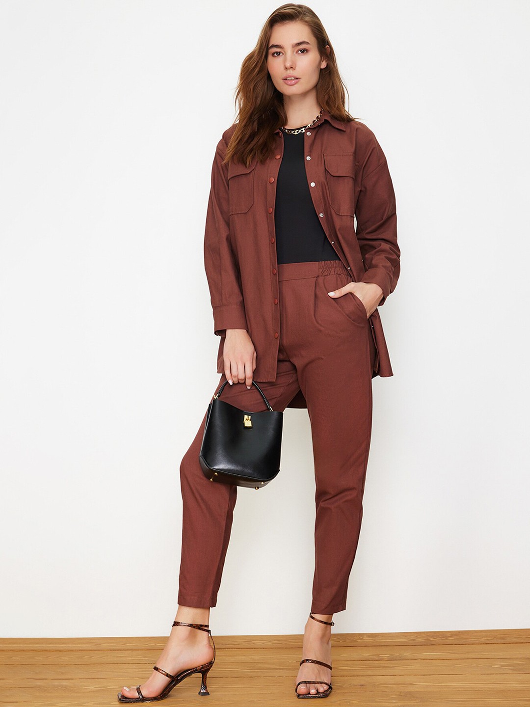 

Trendyol Shirt With Trousers Pure Cotton Co-Ords, Brown